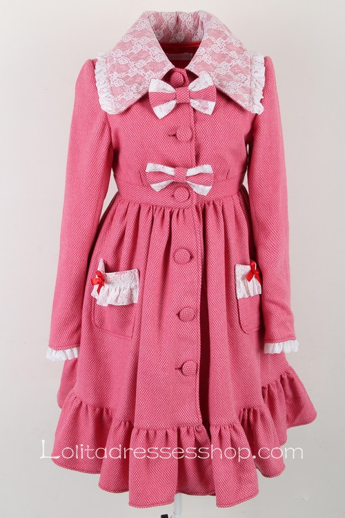 Cheap Pink Red Wool Lapel Long Sleeves Bow Pocket Button Sweet Lolita ...