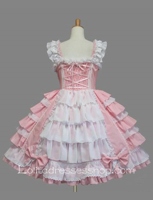 Cheap Lolita Pink Cotton White Lace Square Neck Cap Sleeve knee-length ...