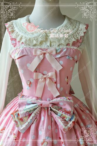 Cheap Sweet Bear Print Knot Lace Cotton Magic Tea Party Lolita Dress Sale  At Lolita Dresses Online Shop