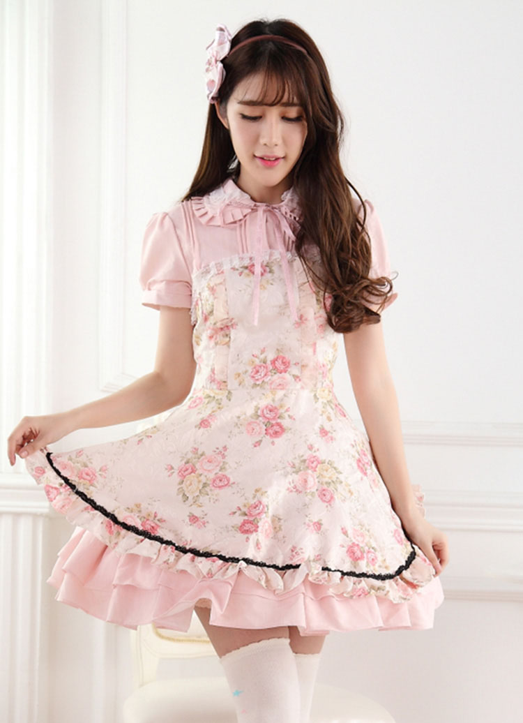 Cheap Sweet Lace Noble Ladies Pink Rose Print Sweet Lolita Dress JSK ...