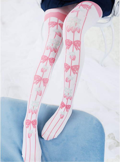 Women Lolita Sweet Opaque Pantyhose Japanese Style Gradient Pink Blush  Color Cute Bowknot Print Tights Cosplay Silky Stockings Lingerie Hosiery
